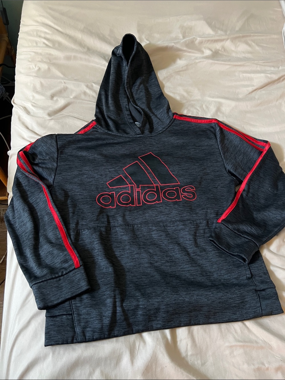 adidas Youth Hooded Pullover - Charcoal with Red Trim